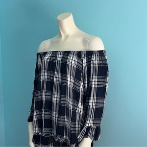 For the Republic Black and White Plaid ruffle detail blouse Small